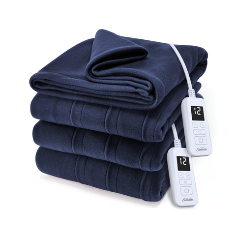 Sunbeam Royal Ultra Fleece blanket in indigo, folded for cozy warmth readiness.
