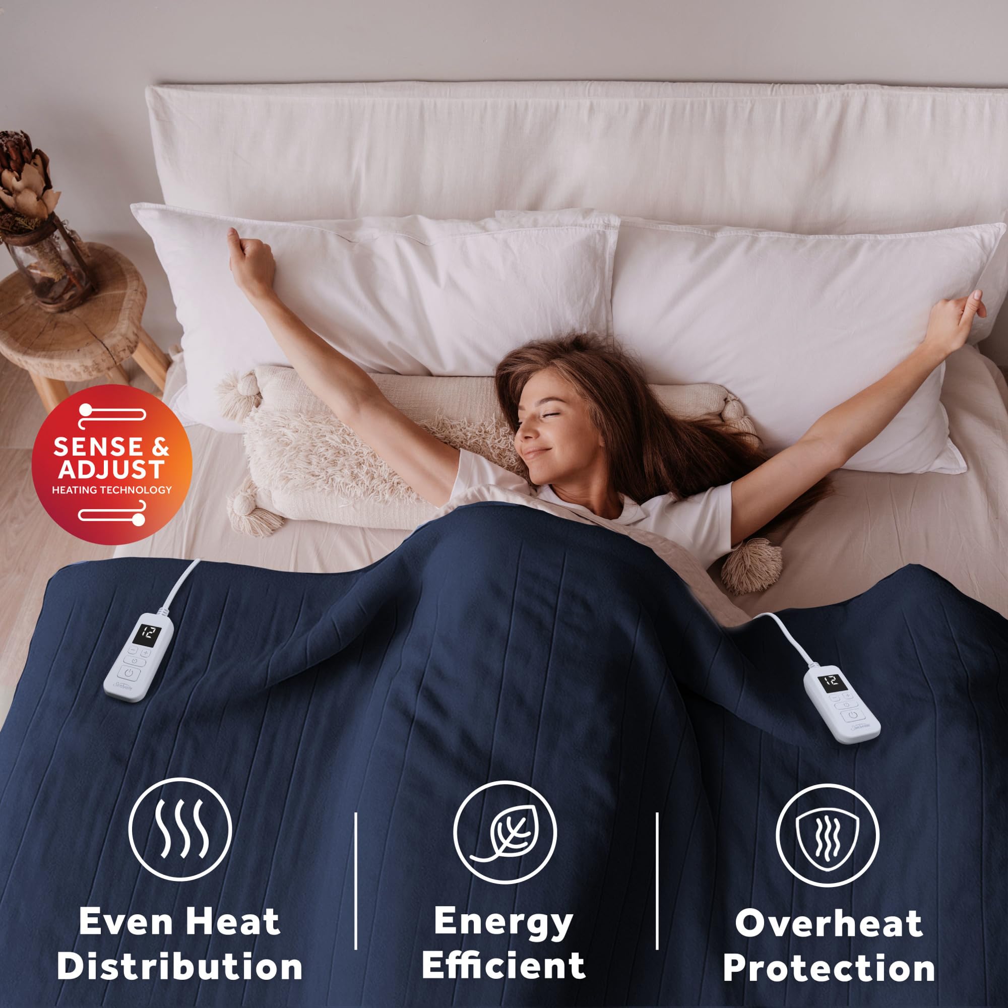 Sunbeam Royal Ultra Fleece king-size blanket in indigo covers a large bed.