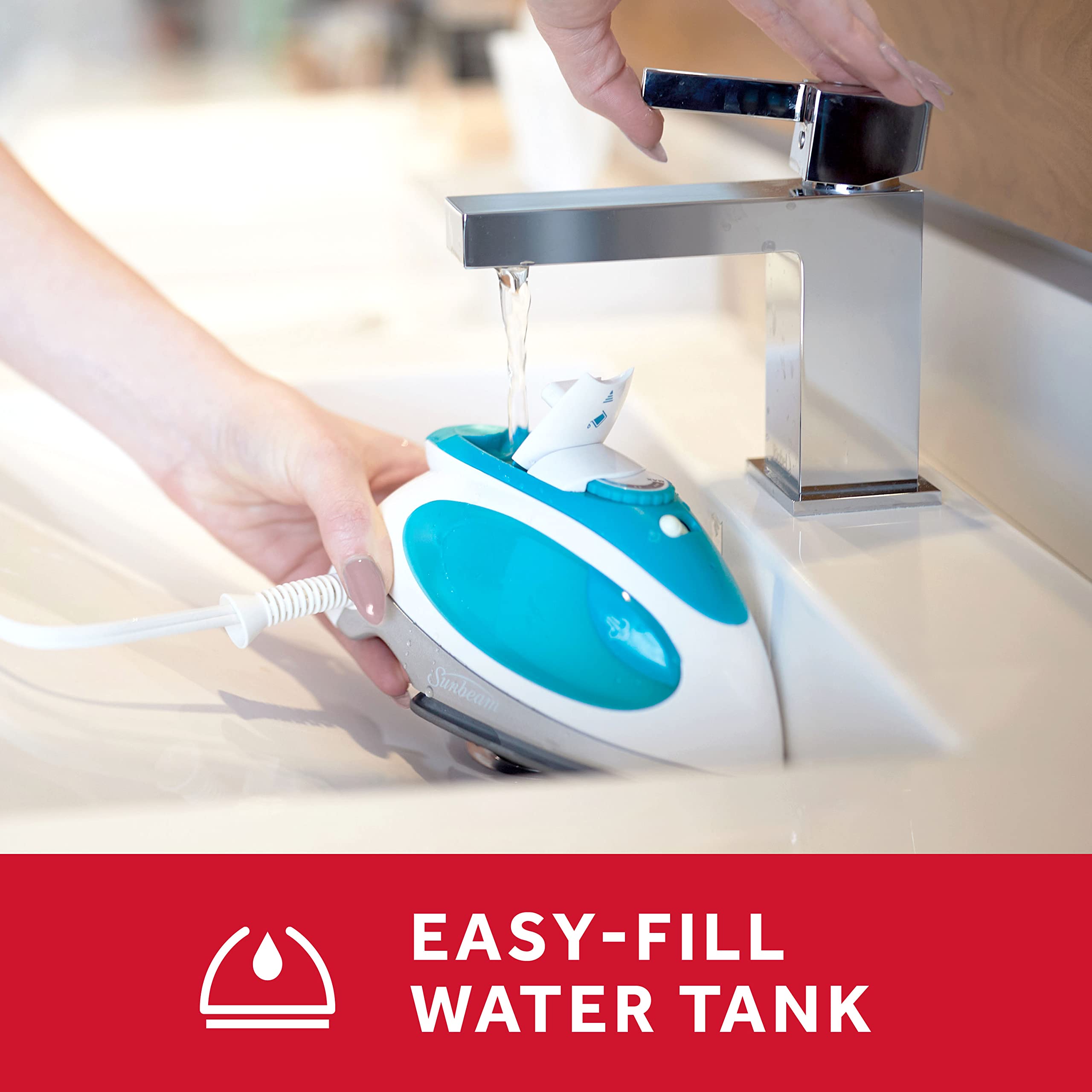 Sunbeam soft touch handle reduces grip fatigue during ironing.