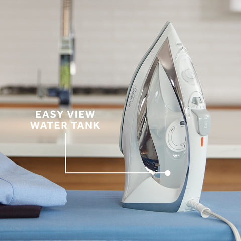 Sunbeam Turbo Steam Iron nonstick ceramic soleplate gliding smoothly across fabrics.