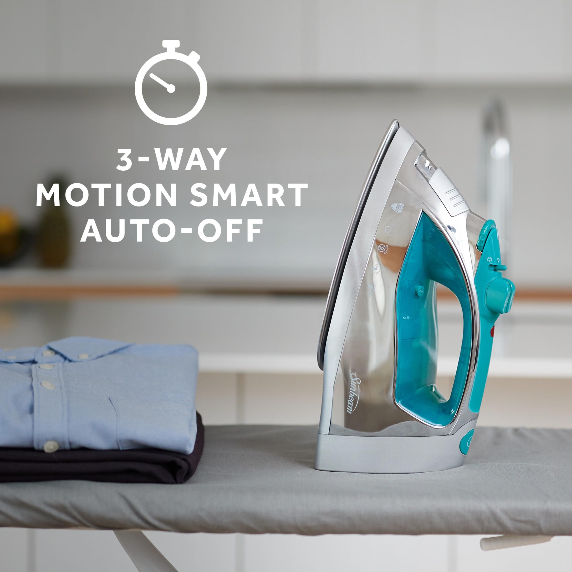 Sunbeam Turbo Steam Iron retractable cord keeps workspace tidy.