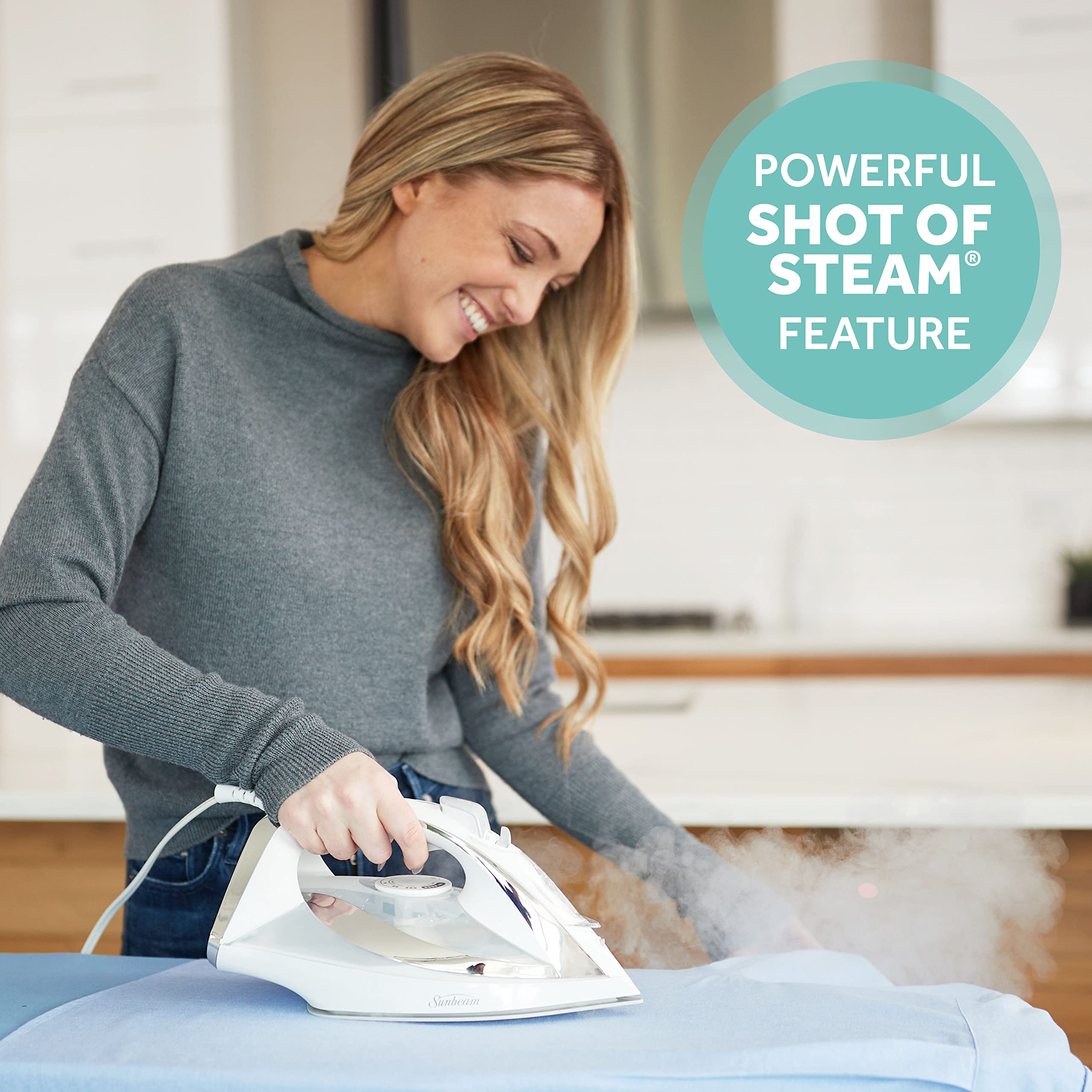 Sunbeam Turbo Steam Iron shot of steam for vertical and horizontal steaming.