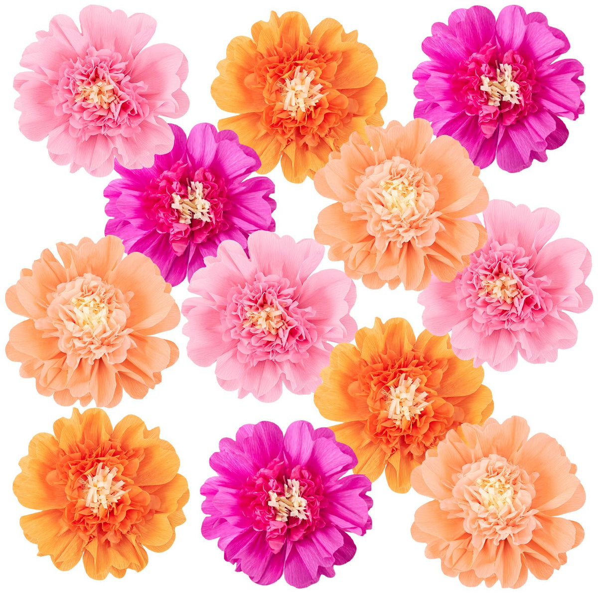 SUNBEAUTY 12PCS large pink and orange paper flowers create a dramatic backdrop.