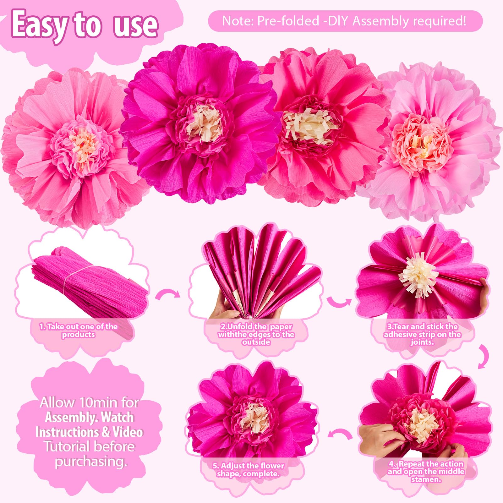 SUNBEAUTY giant pink crepe flowers decorating a wedding backdrop with vibrant color.