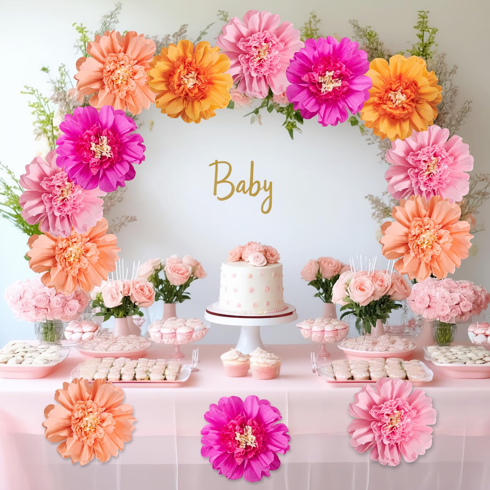 SUNBEAUTY giant tissue flowers in pink-orange for vibrant wedding arches.
