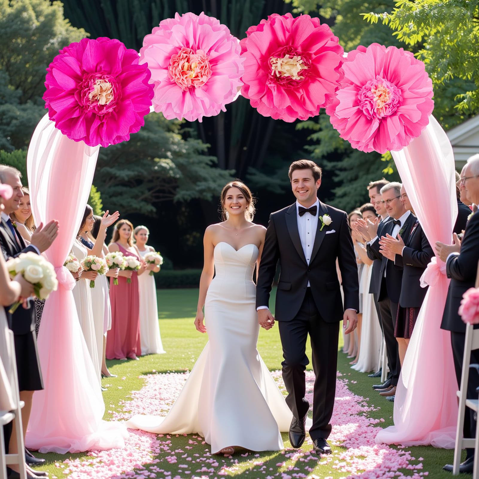SUNBEAUTY pink paper flowers as table centerpiece for celebration ambiance.