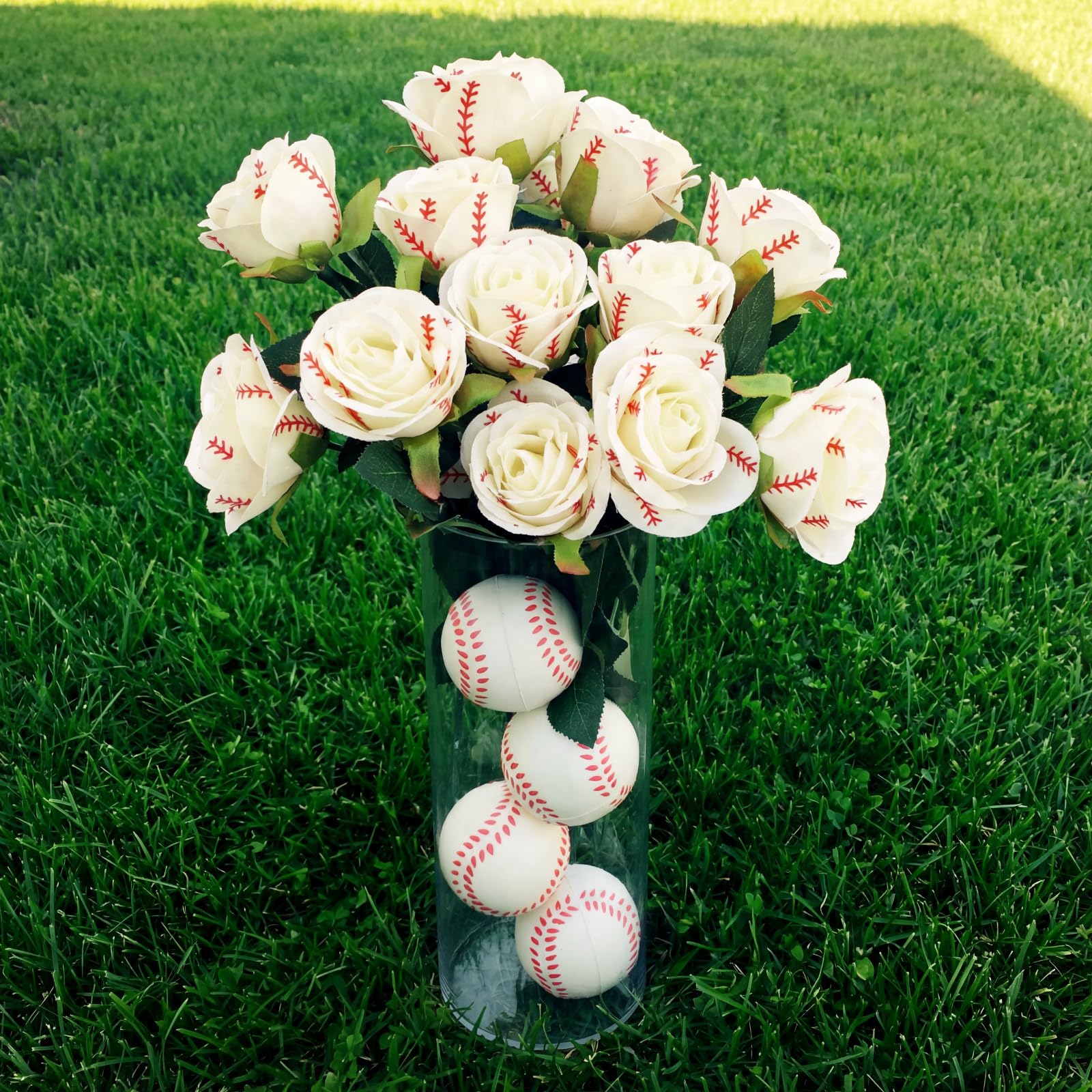 Suncalla baseball rose party favors in white silk.
