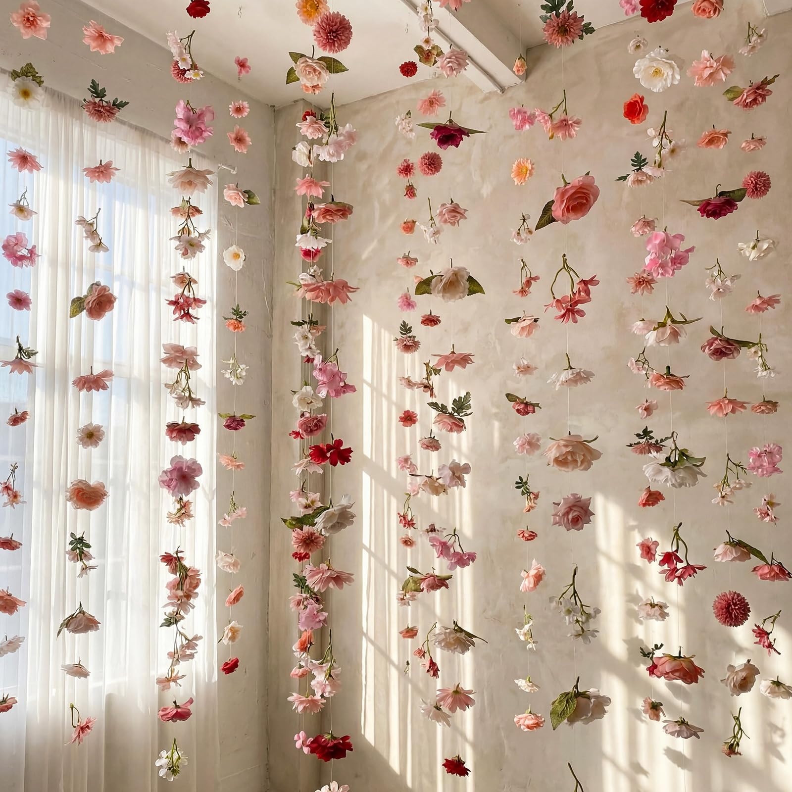 Suncalla pink flower garlands backdrop for festive events creates a soft romantic mood.