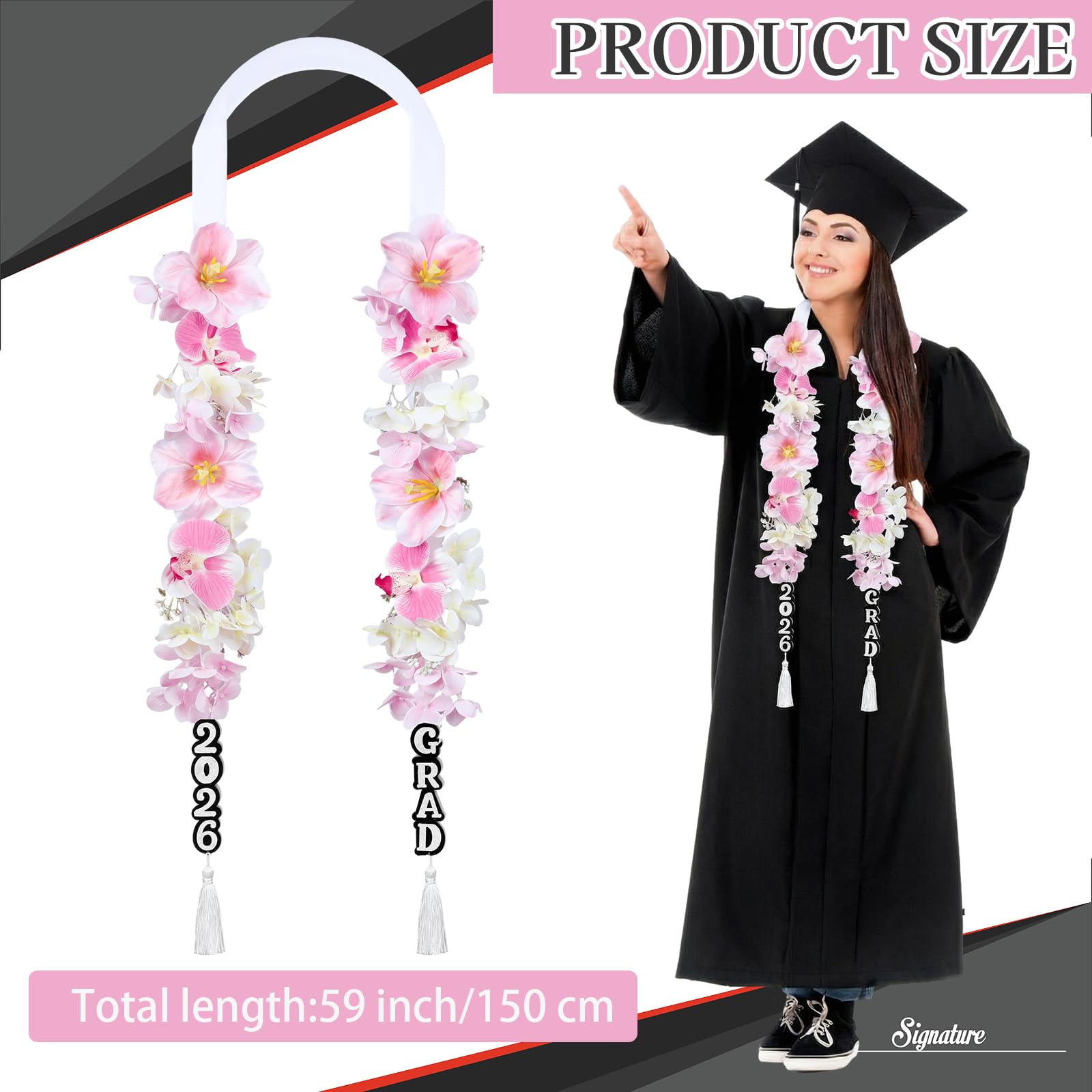 Suncalla graduation leis 59in length drapes over a cap and gown for a polished look.
