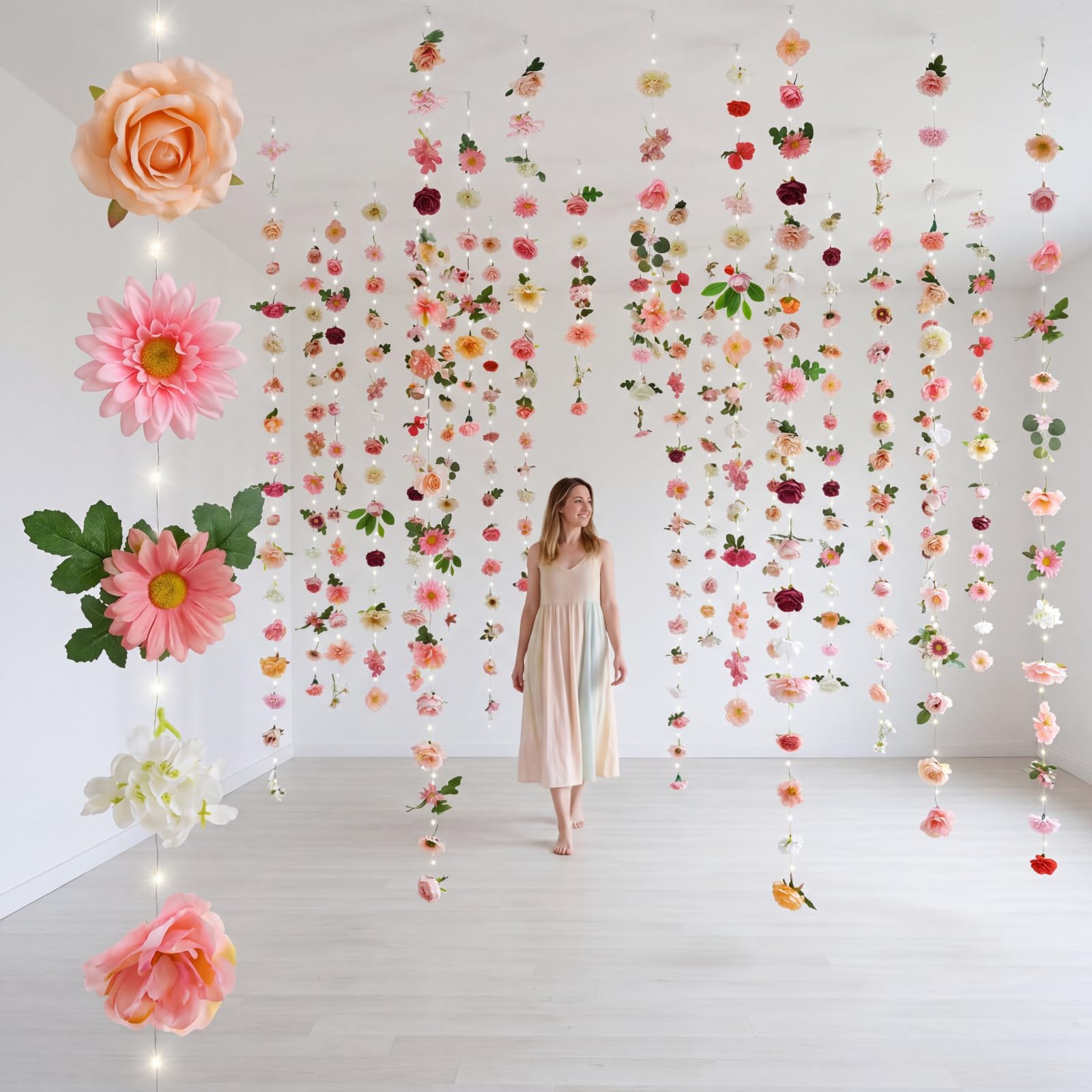 Suncalla hanging flowers garland backdrop creates a romantic wedding or party backdrop.