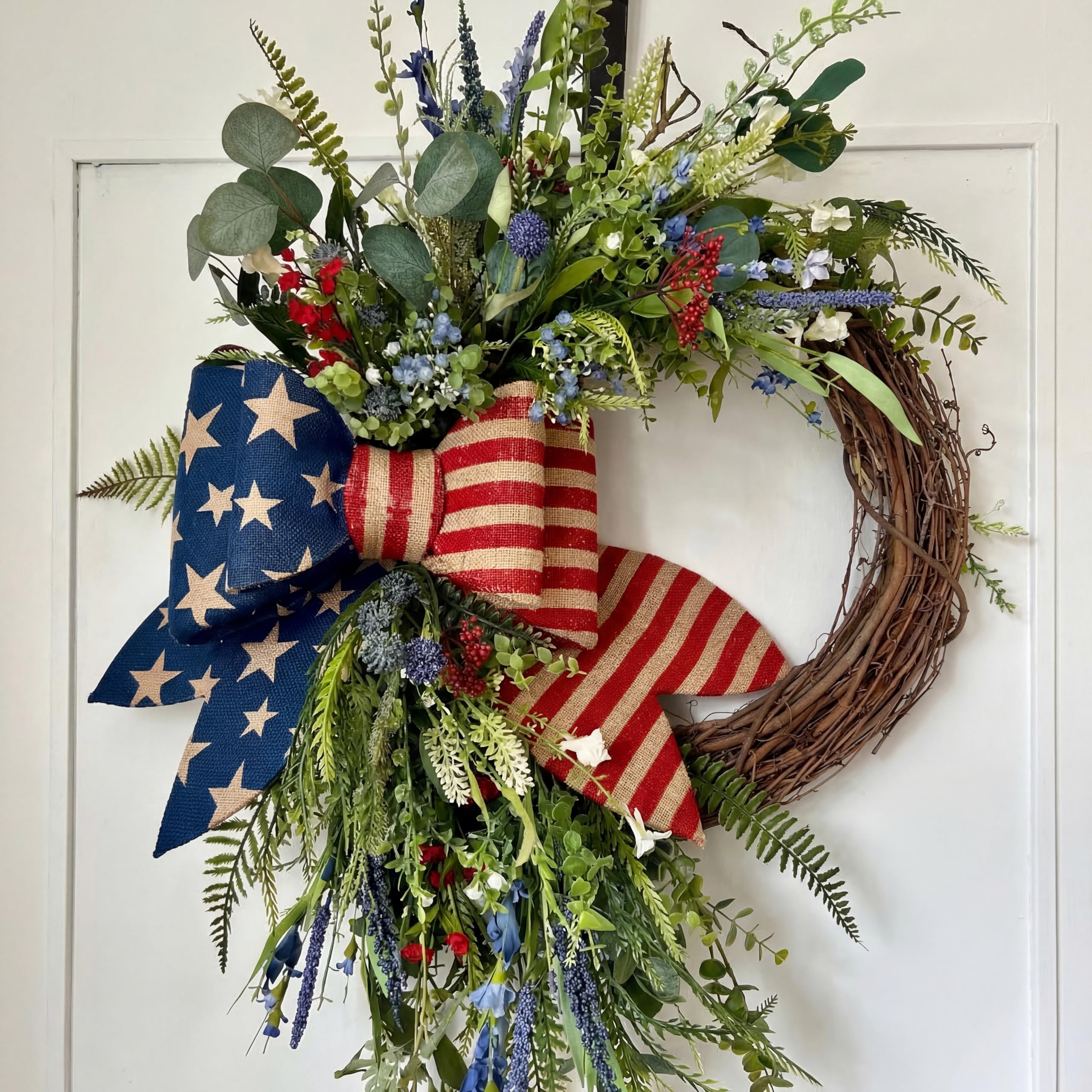 Suncalla Patriotic Wreath on front door with burlap bow for curb appeal