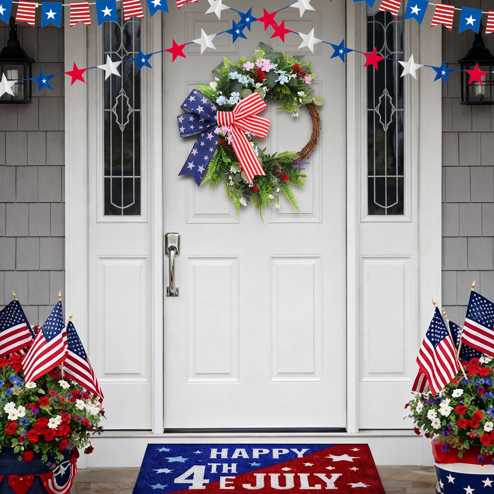 Suncalla Patriotic Wreath featuring hidden hanging rings for quick display