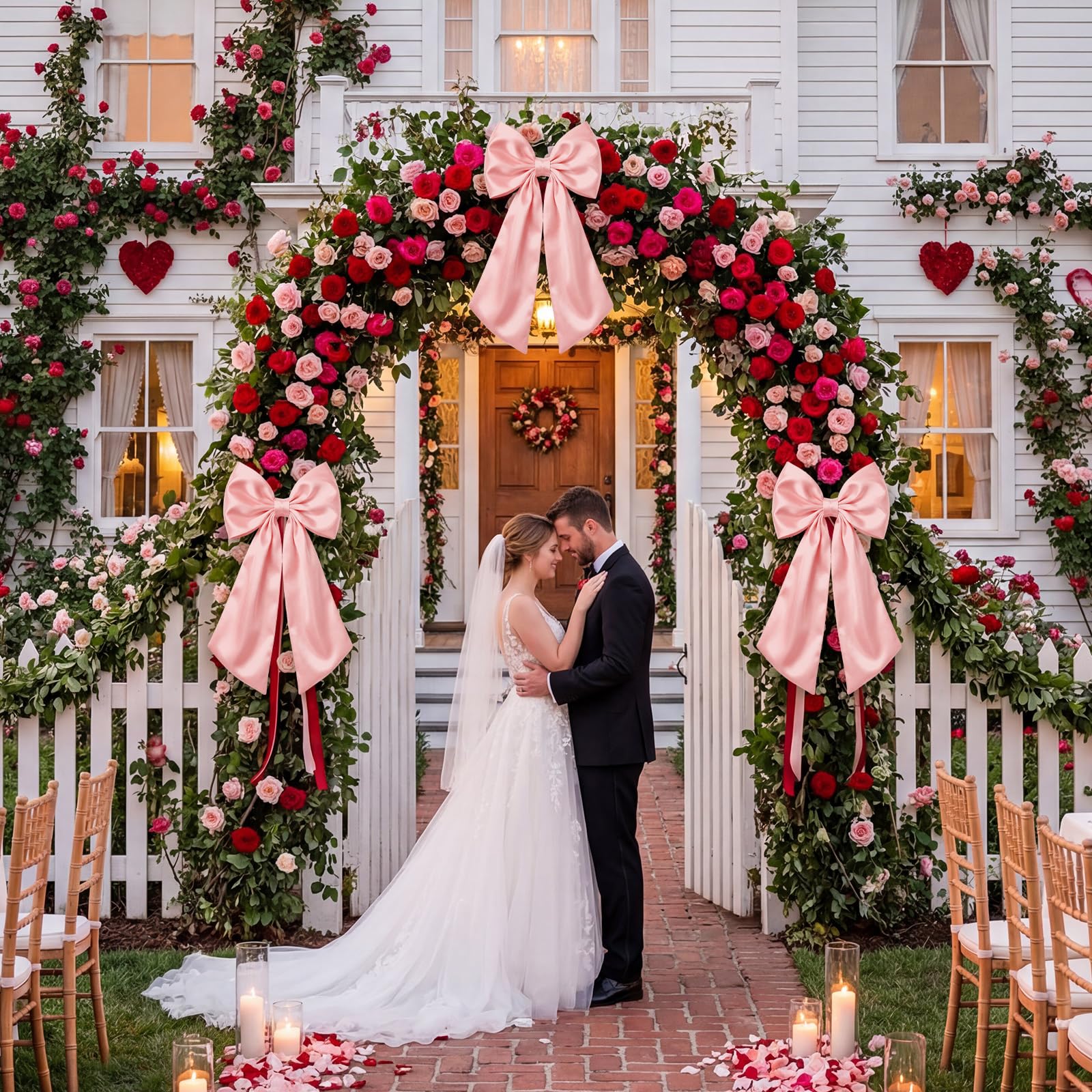 Suncalla pink satin bow on fireplace adds sophisticated centerpiece.
