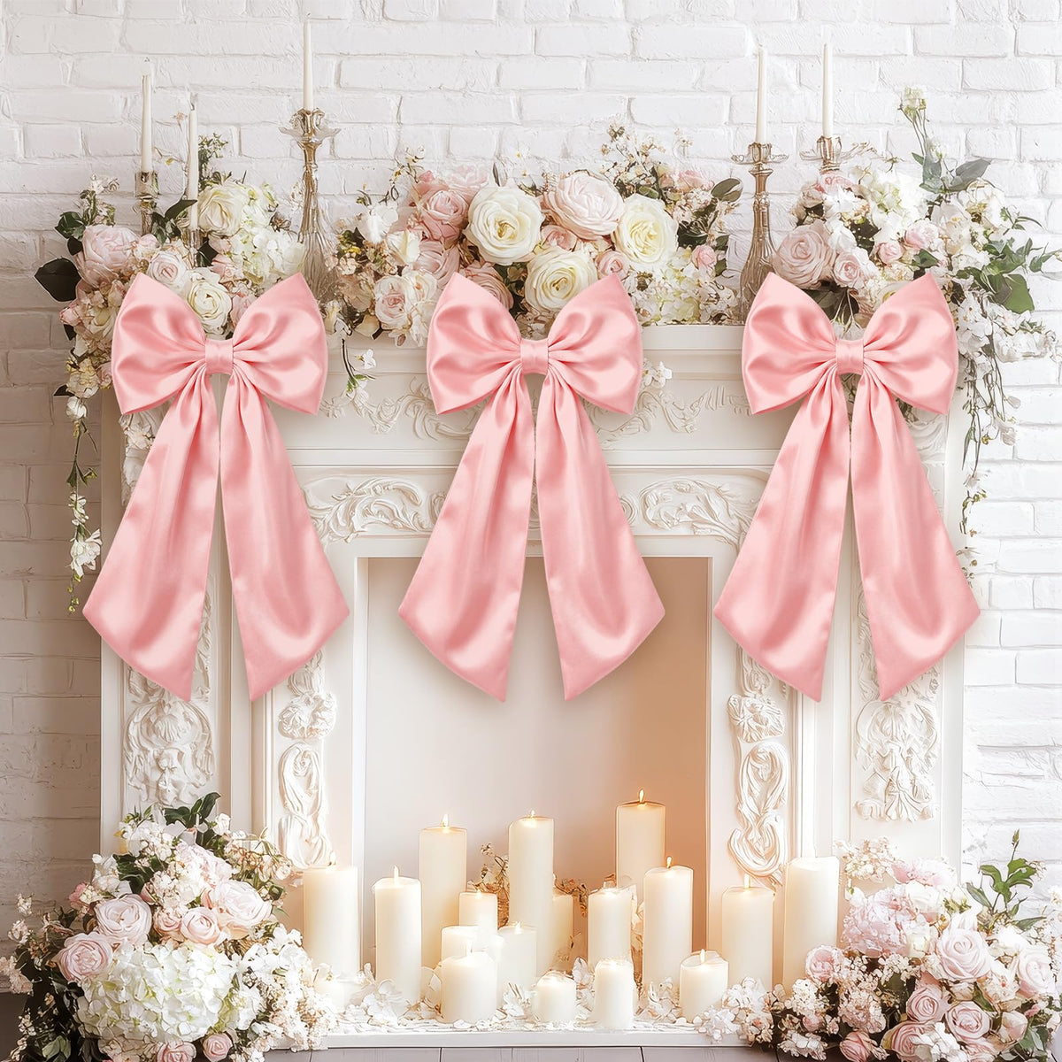 Suncalla pink satin bow wall decor creates a bold wedding backdrop focal point.