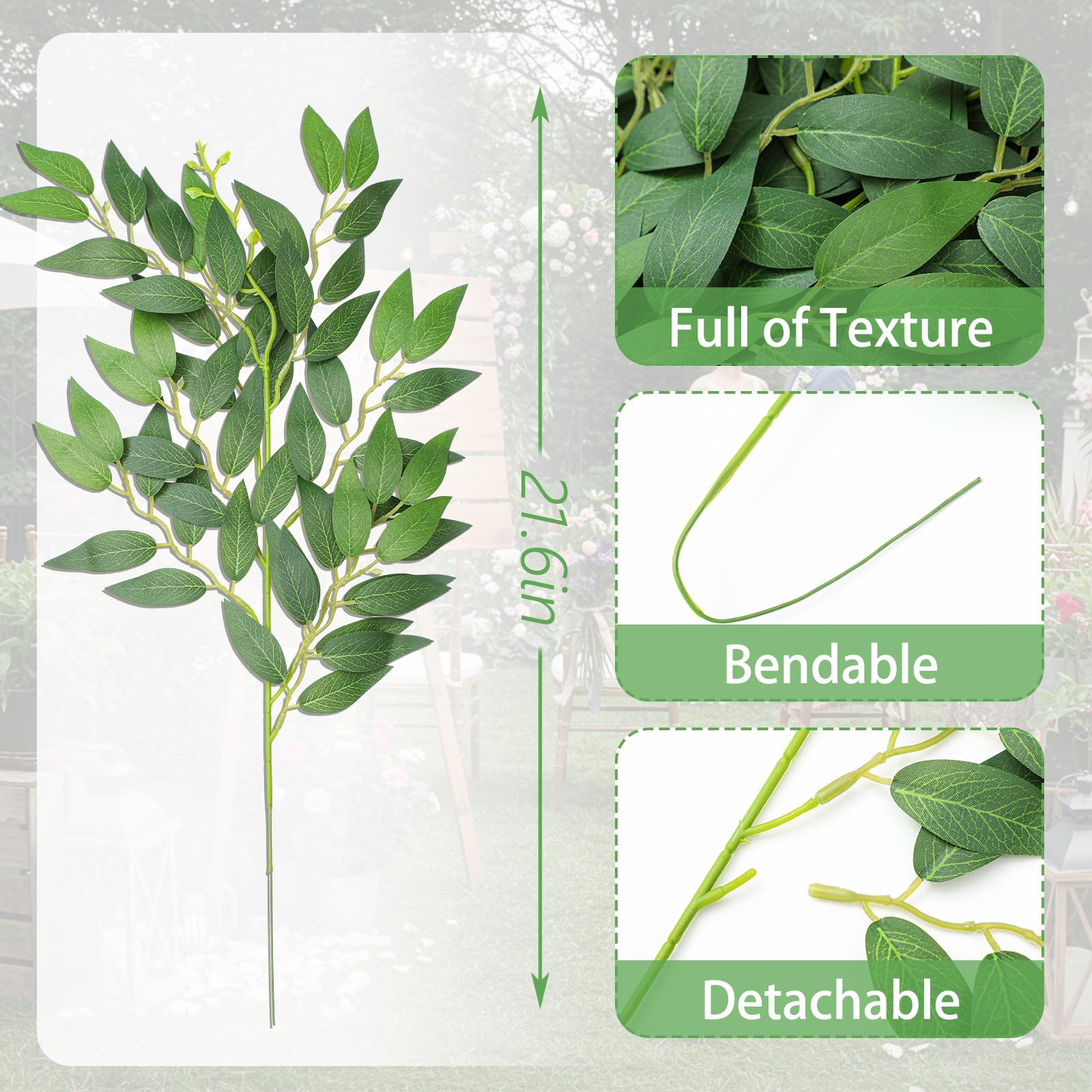 Suncalla greenery stems with lifelike silk leaves and bendable stems for arch decor.