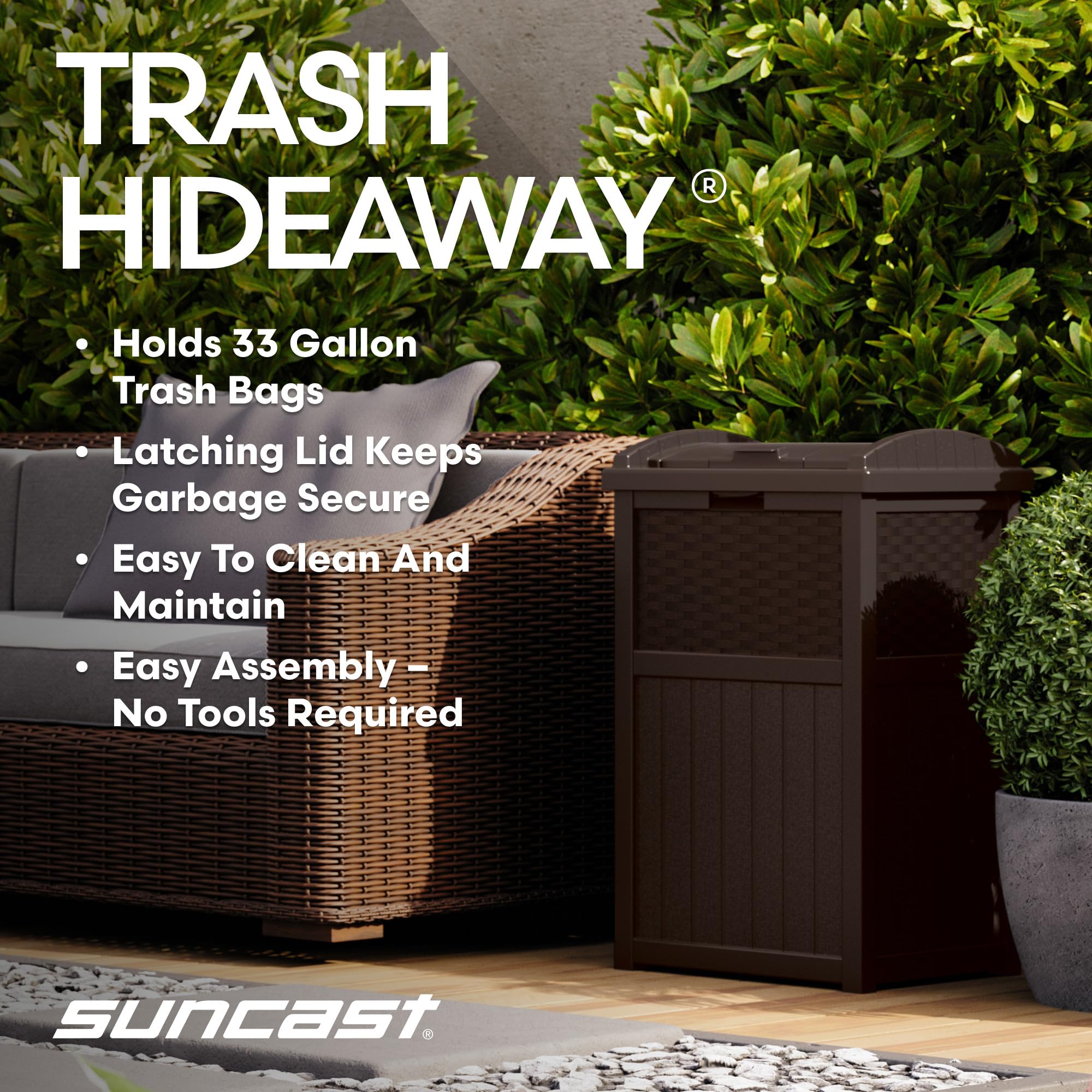 Suncast 33-gallon bag compatibility makes cleanup quick.