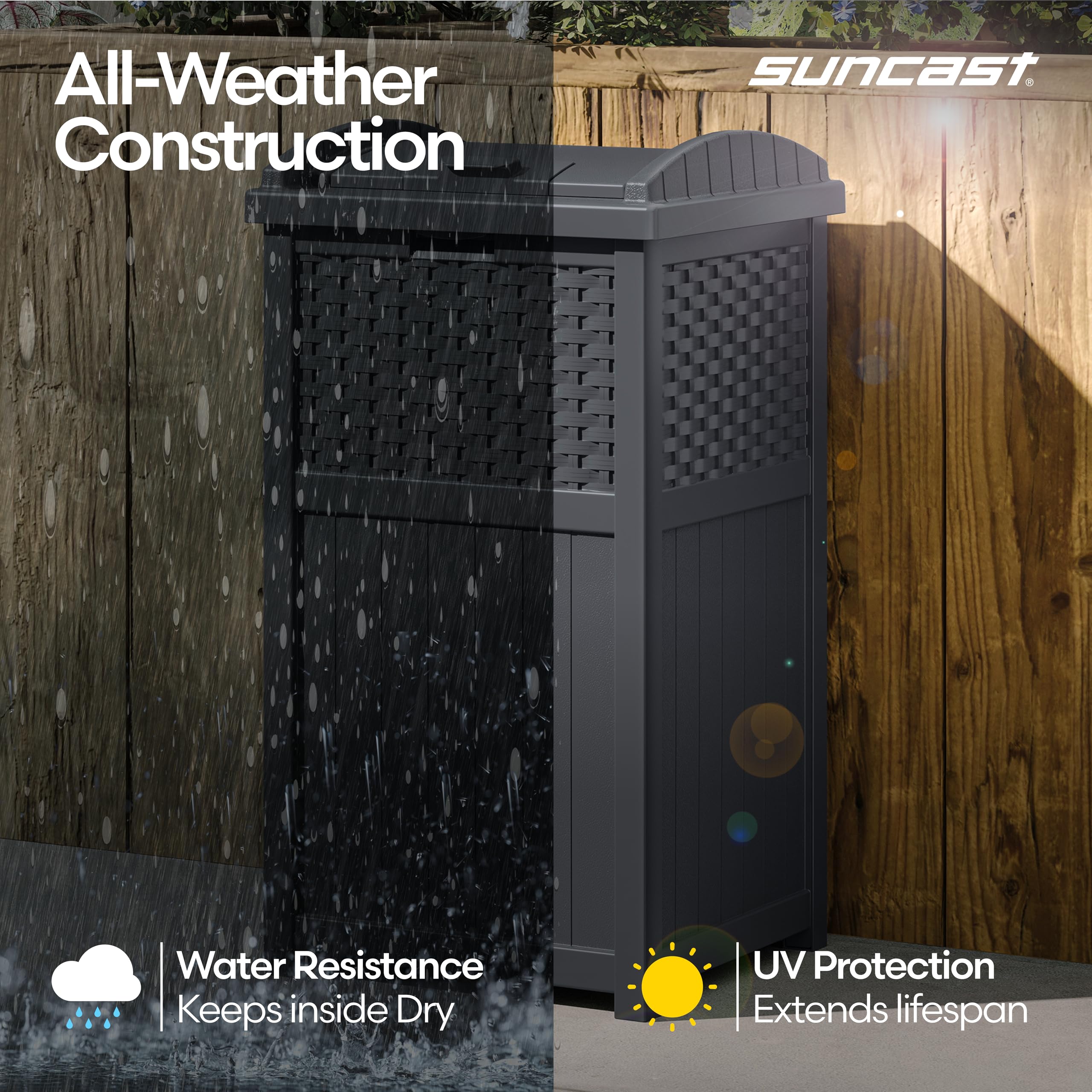 Suncast 33-gallon compact-footprint tucked into tight spaces.
