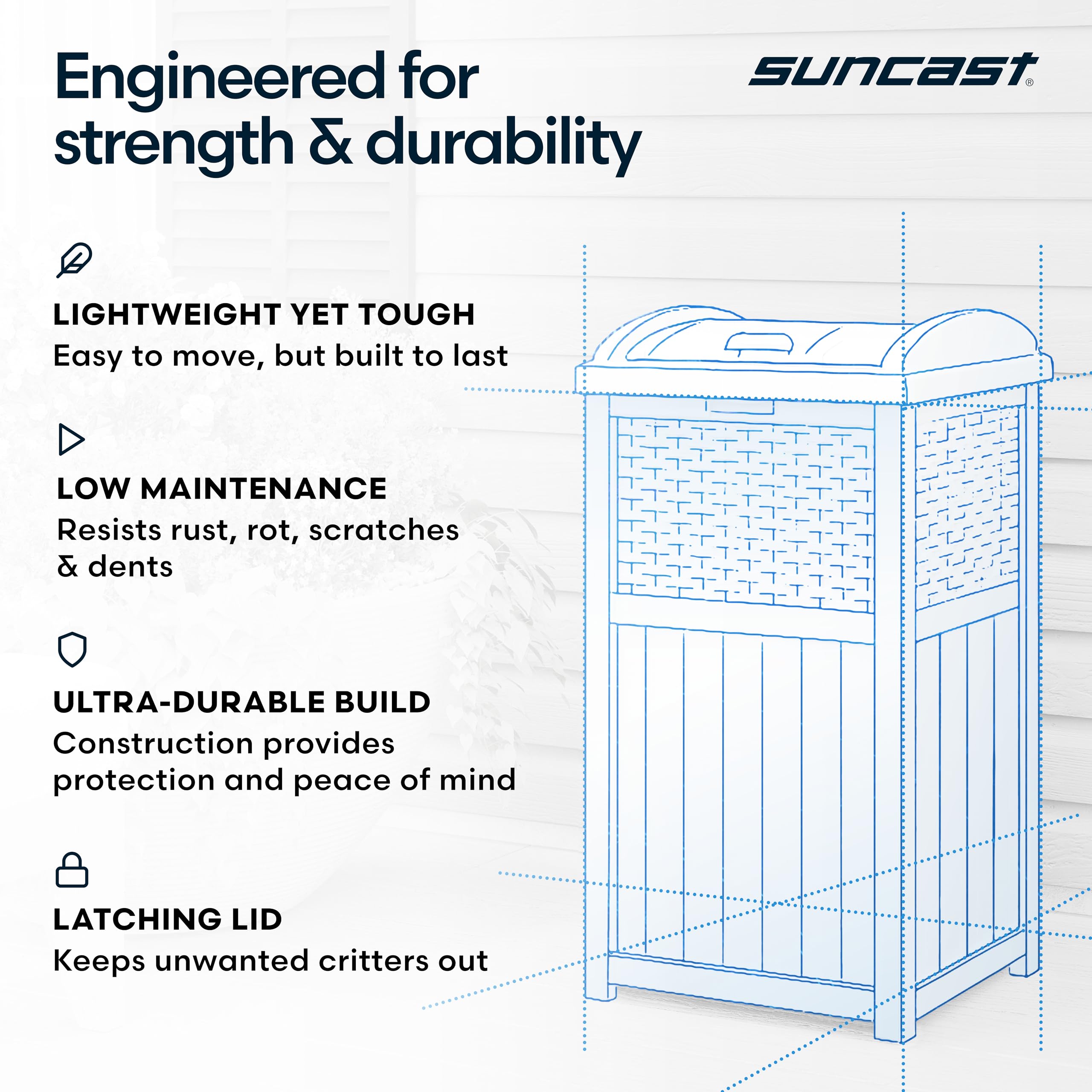 Suncast 33-gallon lid-latch engaged for secure containment.
