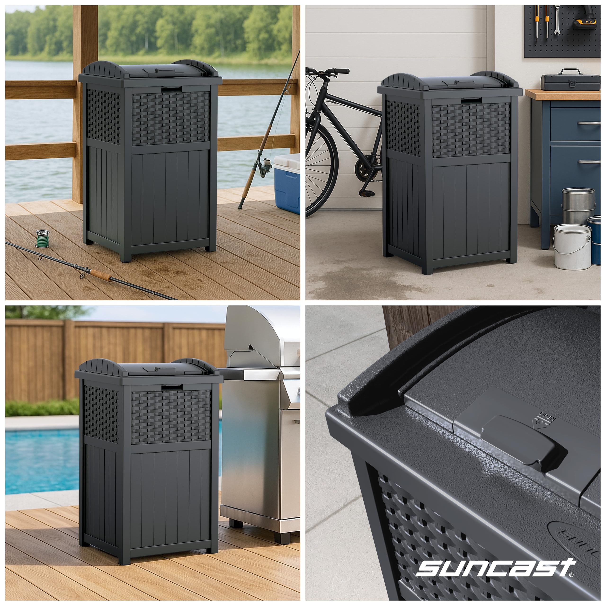 Suncast 33-gallon weather-resistant resin construction for all-season use.