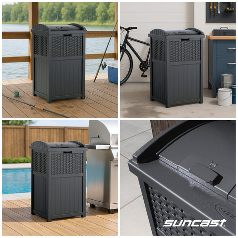 Suncast 33-gallon weather-resistant resin construction for all-season use.