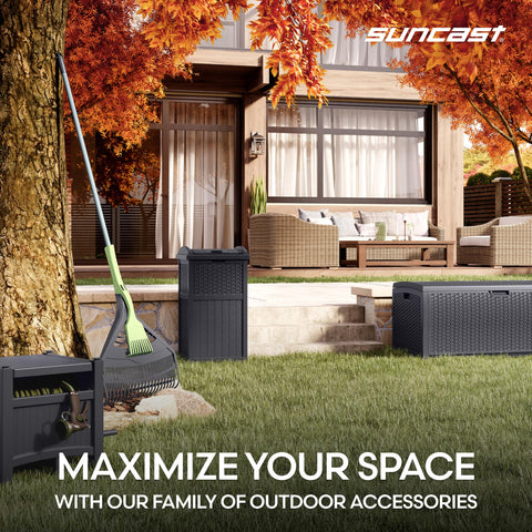 Suncast 33-gallon wicker-back-view showing easy access and bag compatibility.