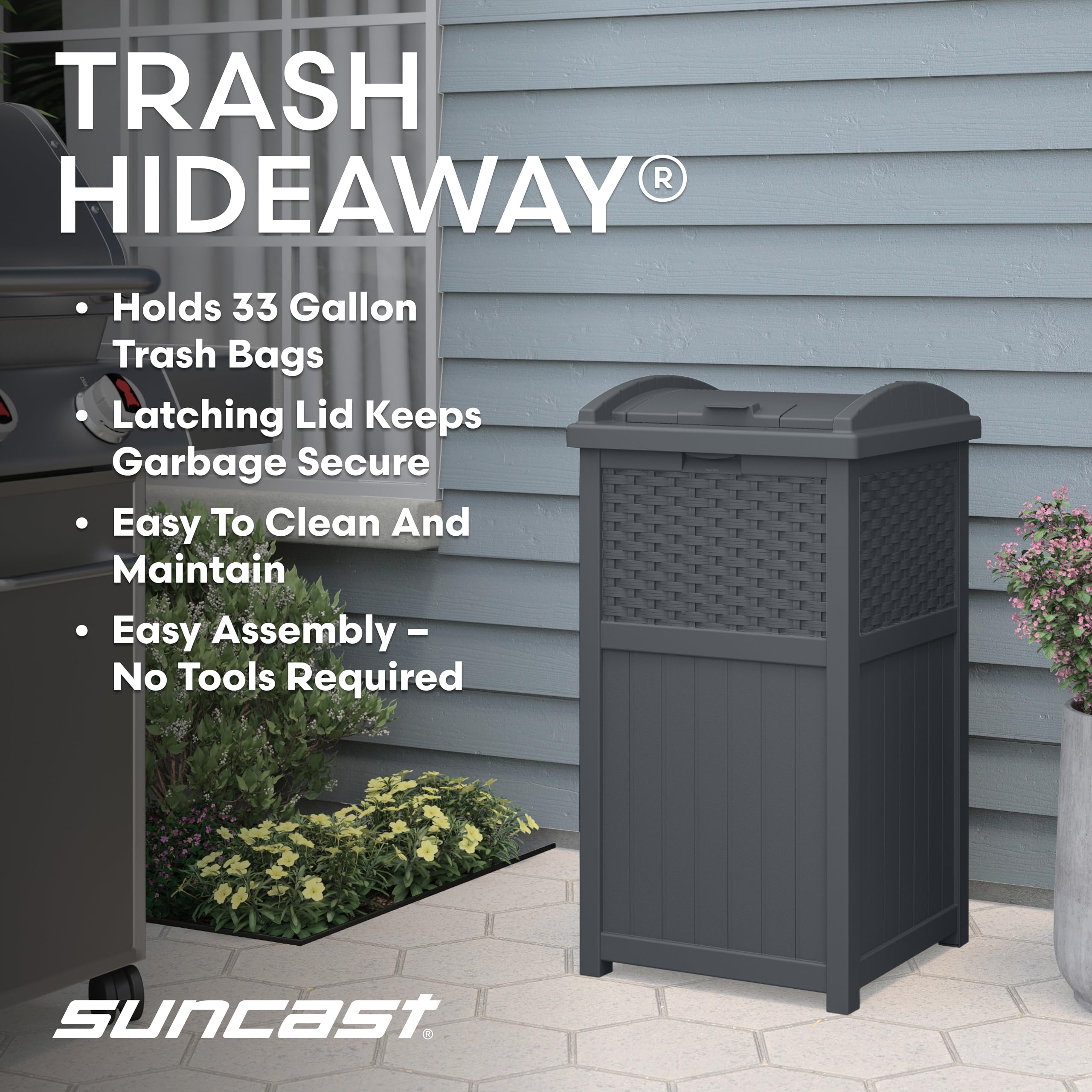 Suncast 33-gallon wicker-detailed-weave close-up highlighting durable resin and texture.