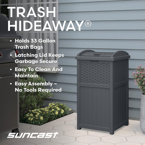 Suncast 33-gallon wicker-detailed-weave close-up highlighting durable resin and texture.