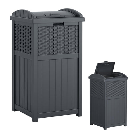 Suncast 33-gallon wicker-front-view trash can with secure latch deterring pests.