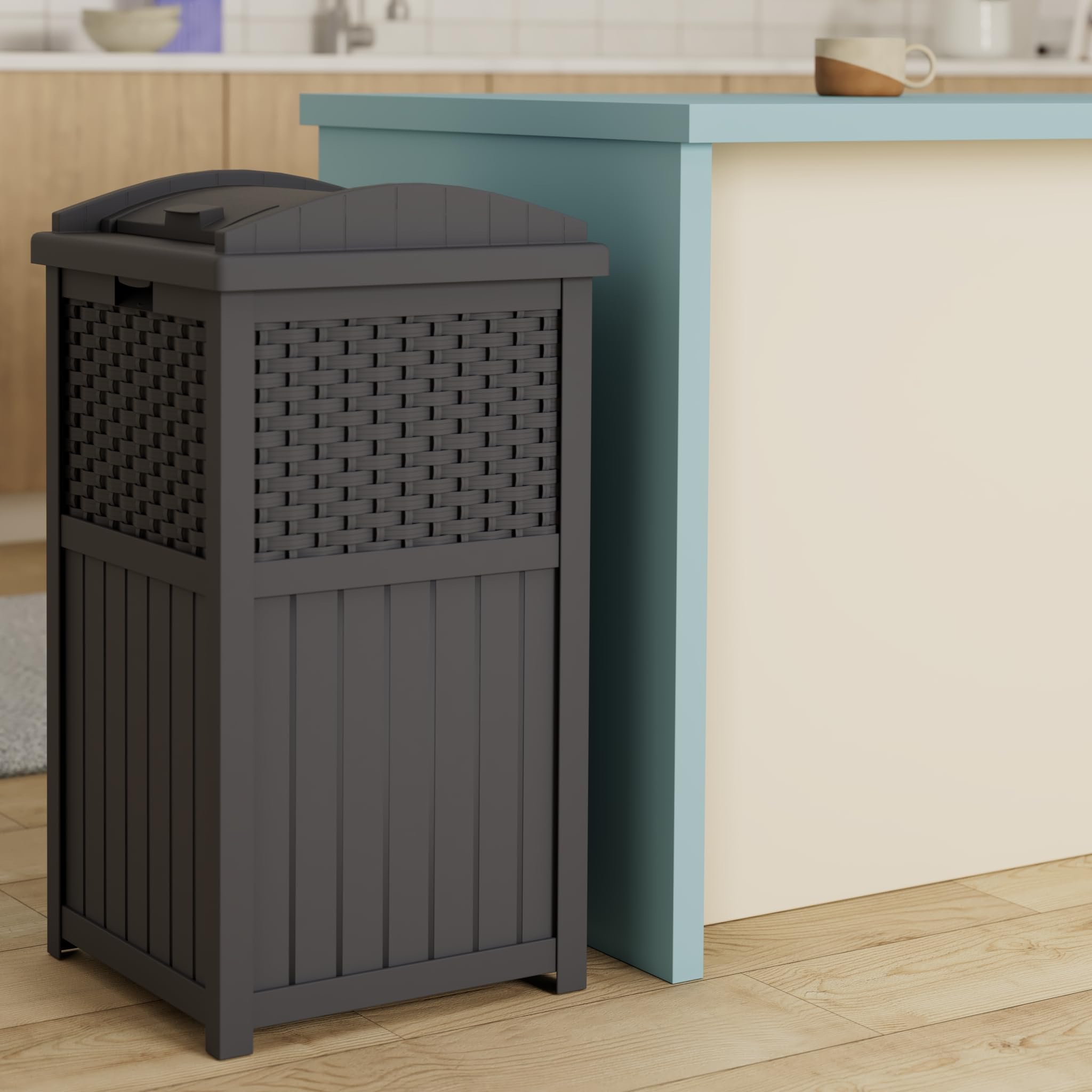 Suncast 33-gallon wicker-lid-closed shows weather-resistant resin for year-round outdoor use.