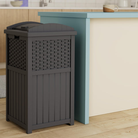 Suncast 33-gallon wicker-lid-closed shows weather-resistant resin for year-round outdoor use.