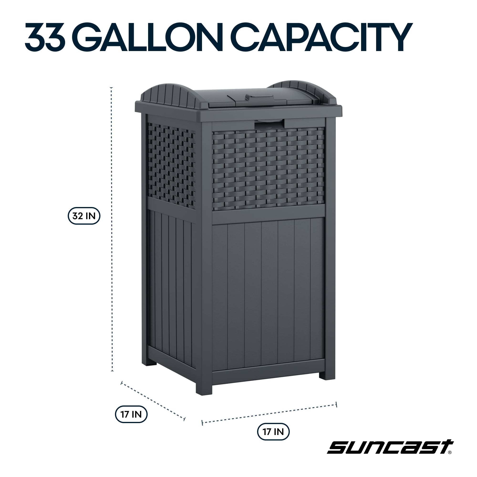 Suncast 33-gallon wicker-front-view on the patio blending with outdoor decor.