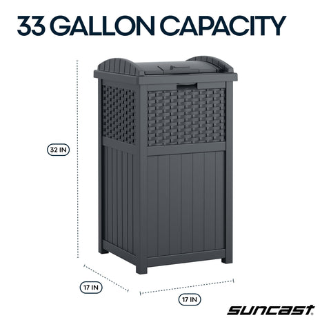 Suncast 33-gallon wicker-front-view on the patio blending with outdoor decor.