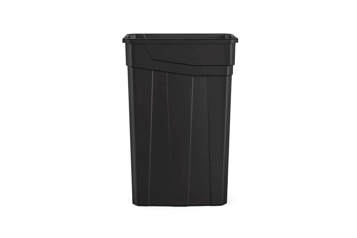 Suncast Commercial 23-gallon narrow trash can without handles in black, space-saving design.