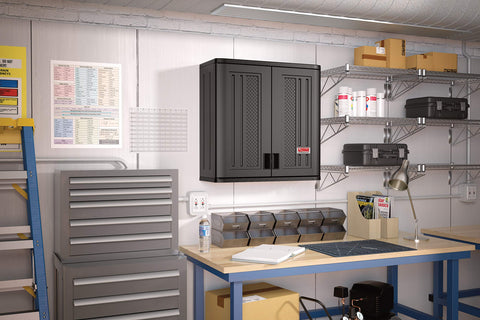 Suncast Commercial 4-Cubic-Ft wall cabinet mounted on wall for space-saving storage