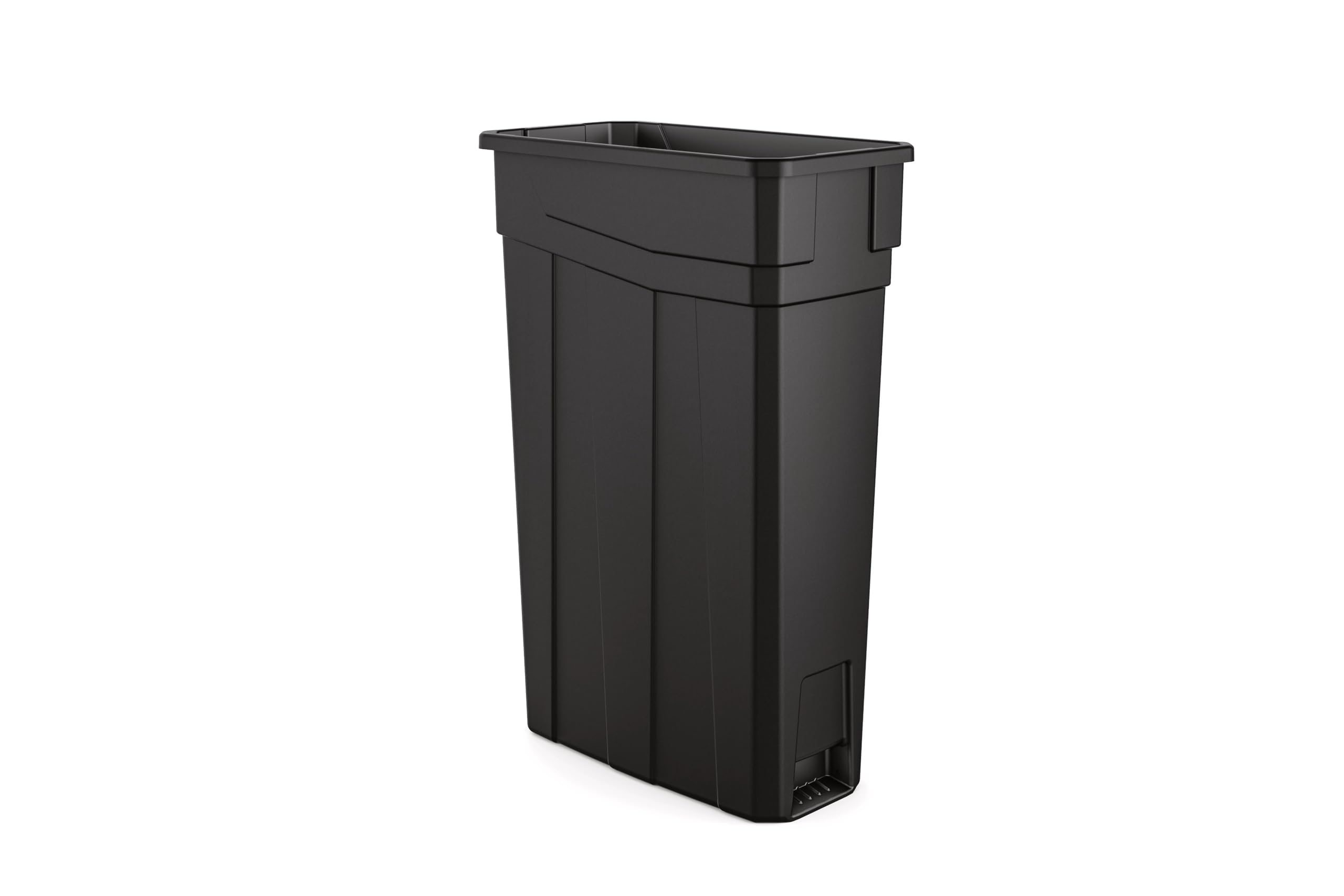 Suncast Commercial slim design trash can fits tight corners with sturdy polymer.