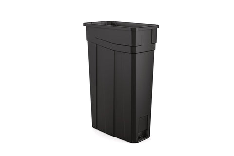 Suncast Commercial slim design trash can fits tight corners with sturdy polymer.