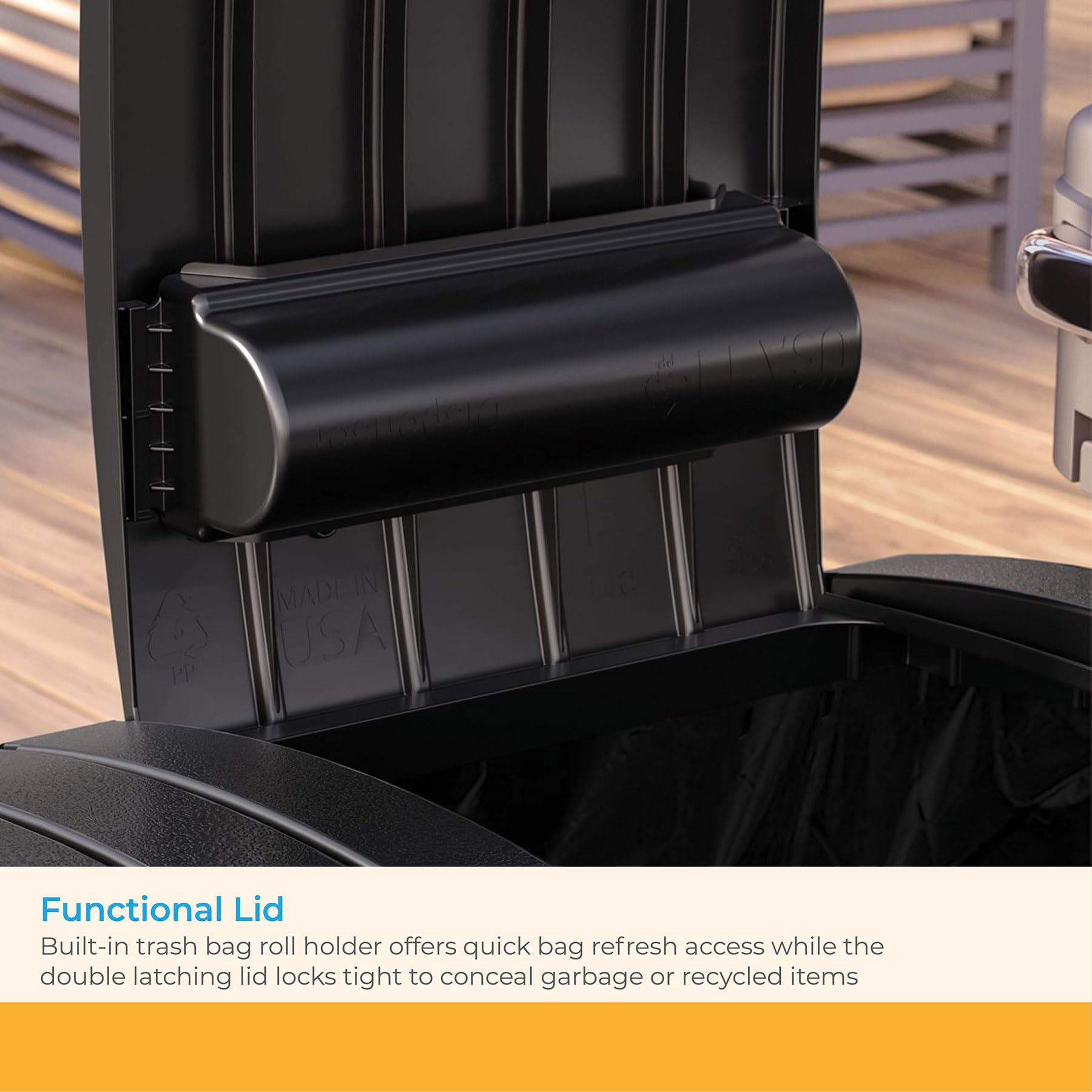 Concealed bag holder keeps trash bags neatly in place within the unit