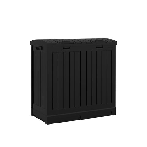 Suncast Dual Trash Hideaway front view showing dual compartments for trash and recycling