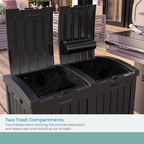 Independent lids provide secure separation for waste and recycling in the cabinet