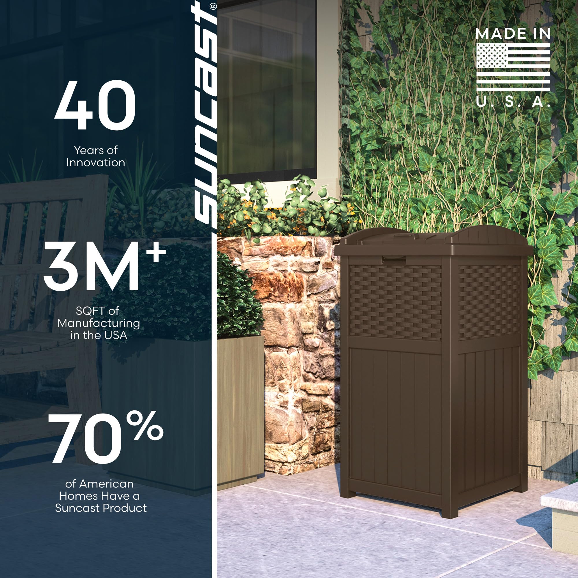 Suncast durable outdoor storage keeps spaces organized.