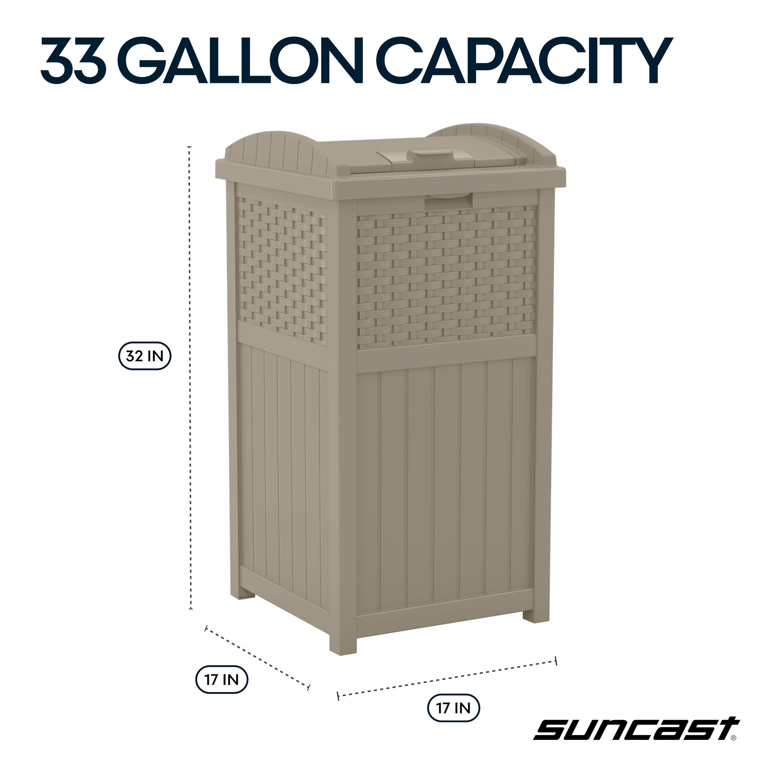 Suncast Hideaway fits standard 30-33 gallon bags for easy cleanup.