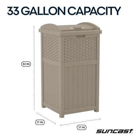 Suncast Hideaway fits standard 30-33 gallon bags for easy cleanup.