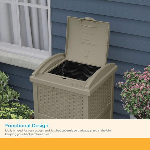 Suncast Hideaway in dark taupe complements outdoor furniture.