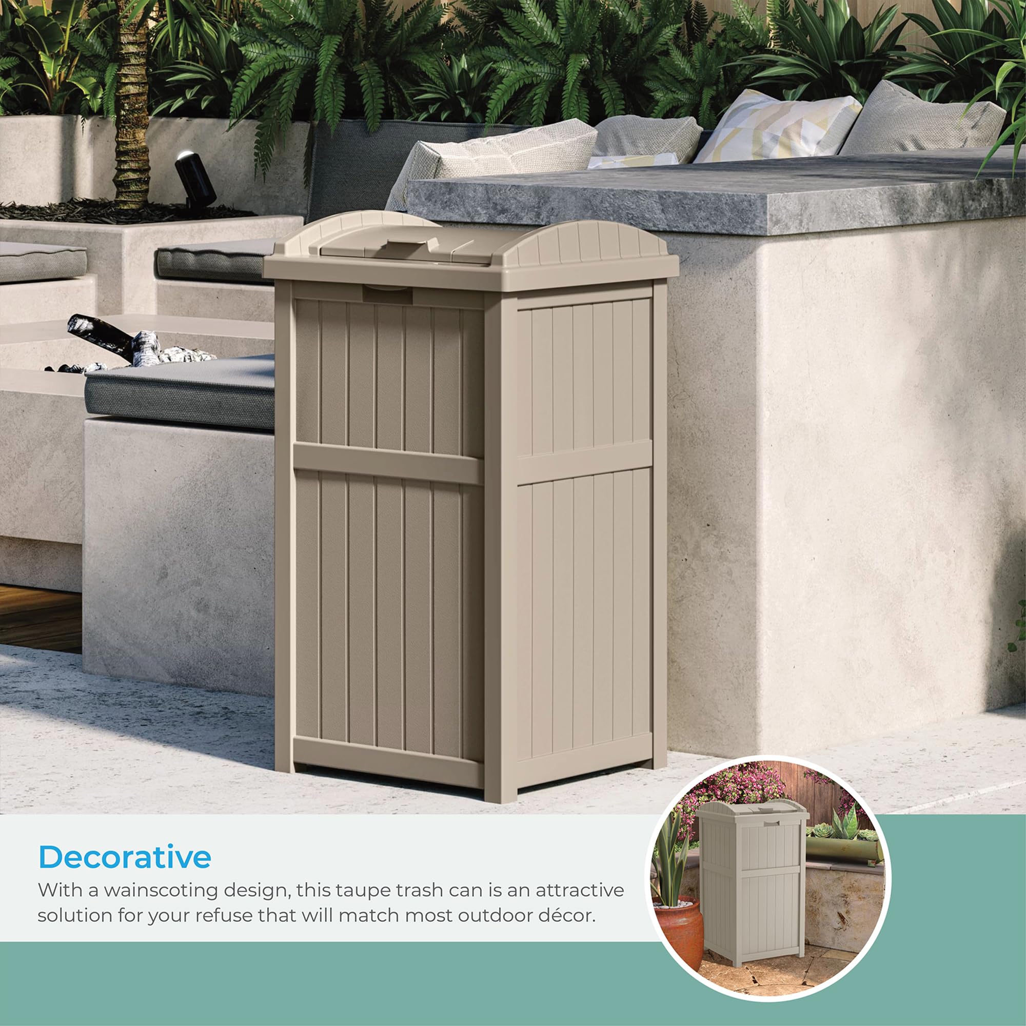 Suncast Hideaway pictured beside a deck for tidy outdoor setup