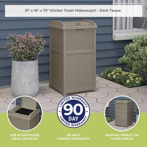 Suncast Hideaway stable base supports upright outdoor placement.
