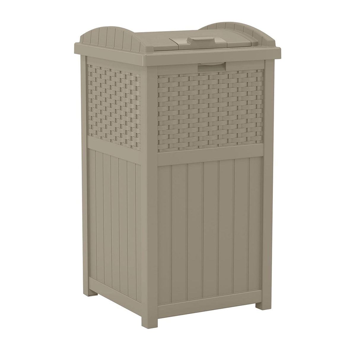 Suncast Hideaway trash can with the lid closed for concealed outdoor waste.
