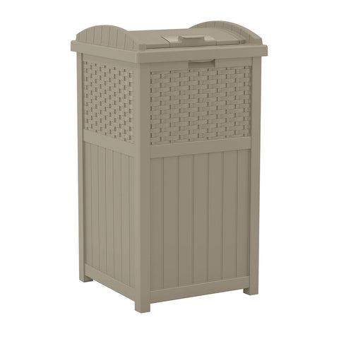 Suncast Hideaway trash can with the lid closed for concealed outdoor waste.