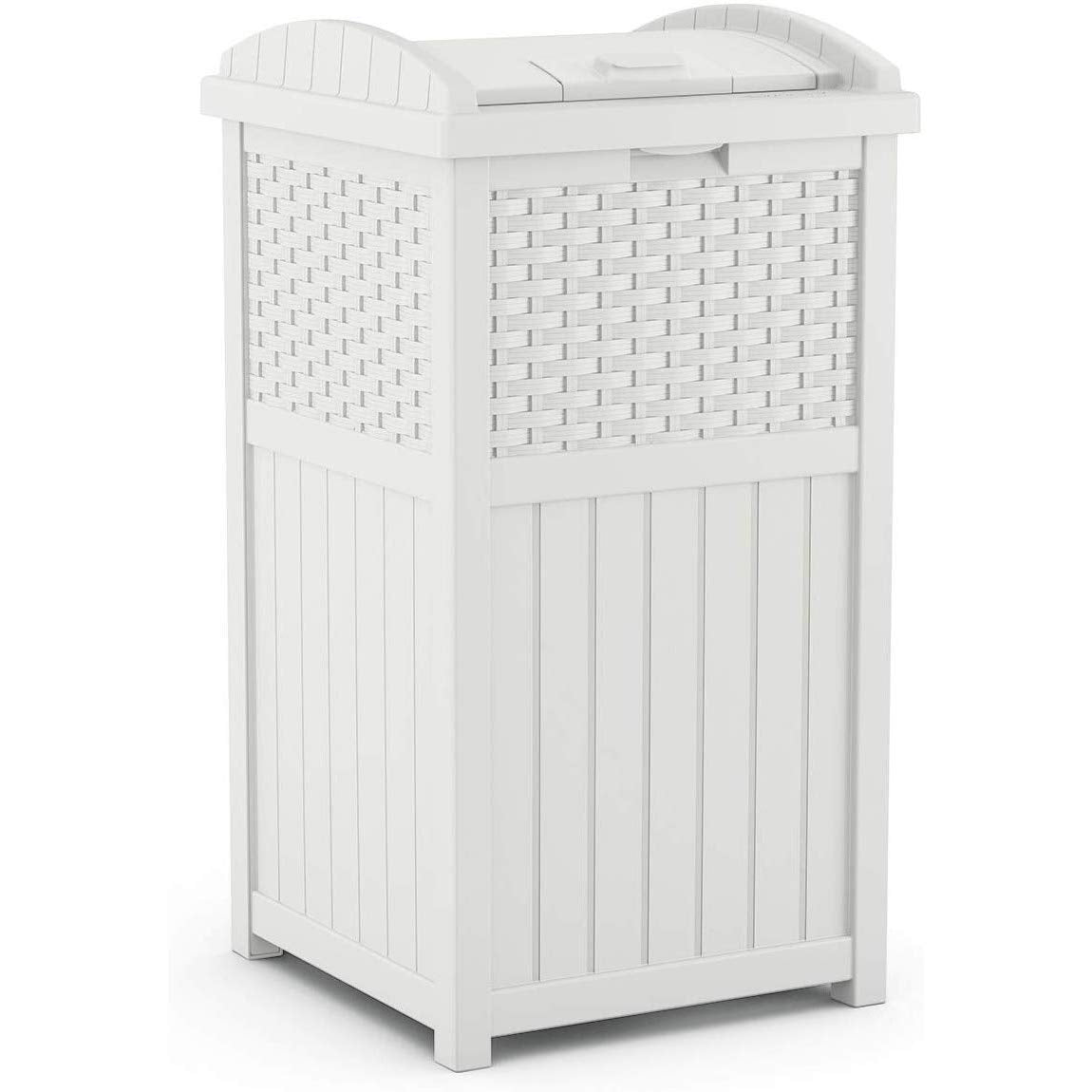 Suncast Hideaway lid closes securely to deter pests and odors.