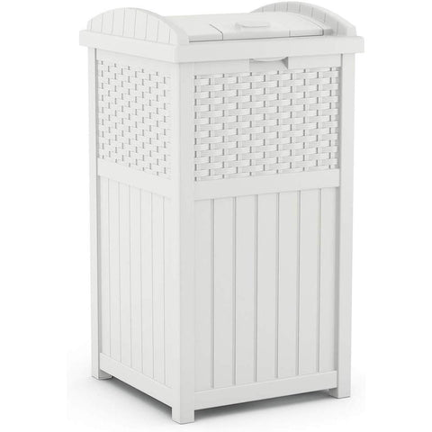 Suncast Hideaway lid closes securely to deter pests and odors.
