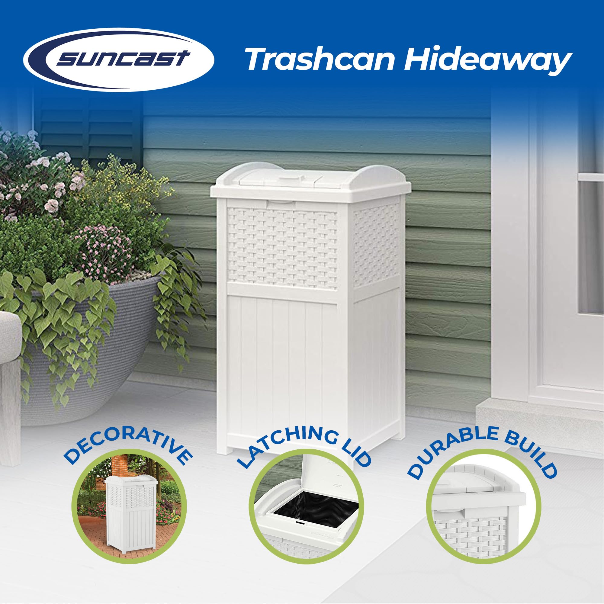 Suncast Hideaway trash can with decorative wicker design for outdoor spaces.